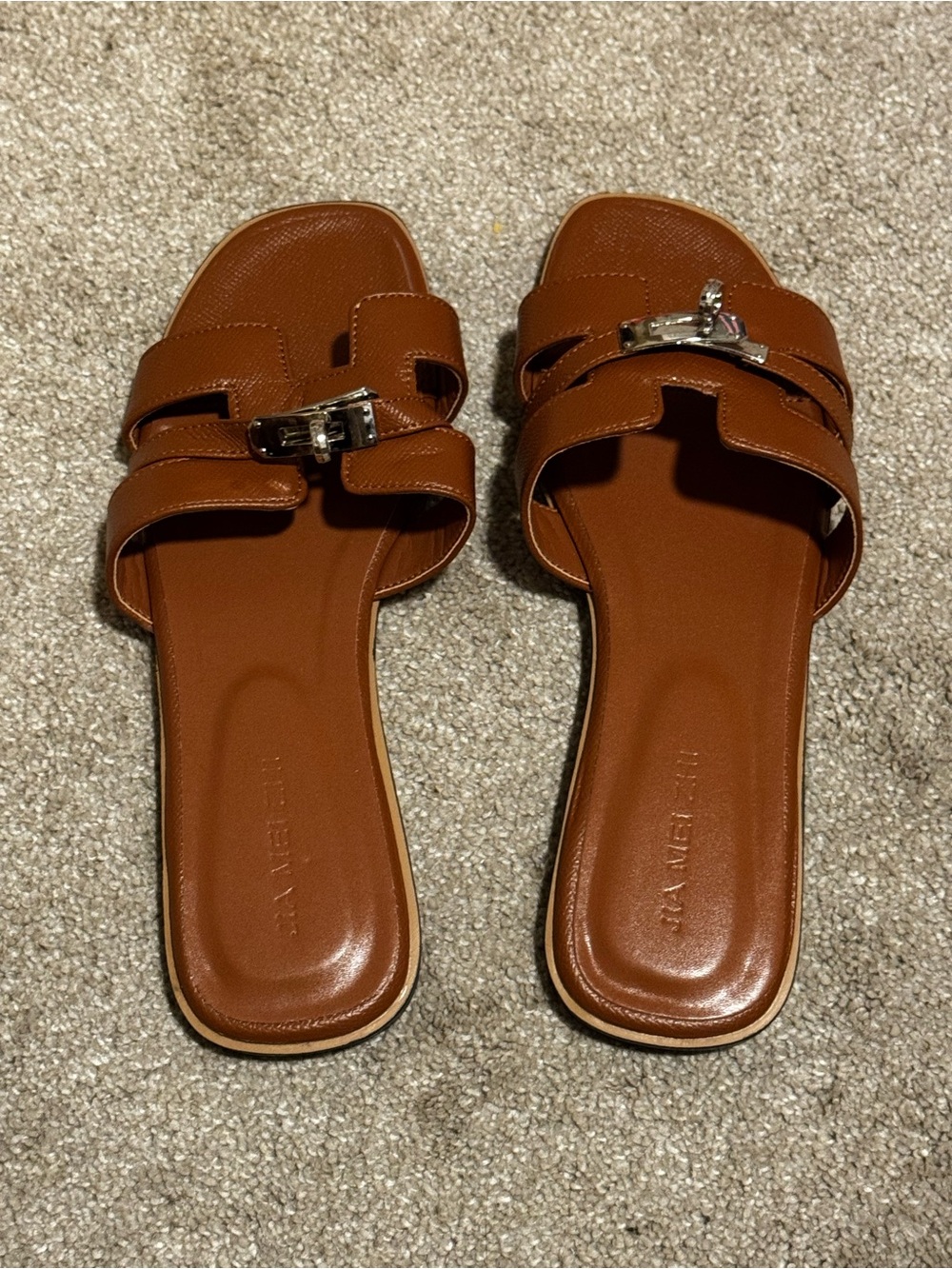 Brown Women's Leather Slide Sandals with Silver Buckle